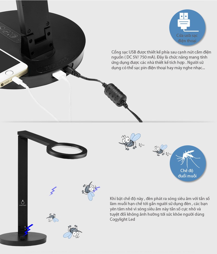 Đèn bàn học Cogy tích hợp đuổi muỗi và cổng sạc USB tiện dụng