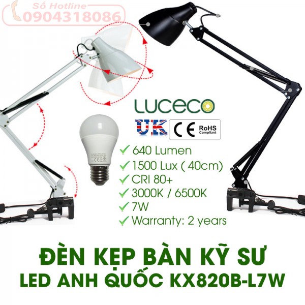 Đèn kẹp bàn làm việc 820B-L7W Bóng LED ANH QUỐC cao cấp