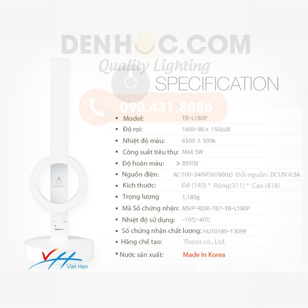 Thông số kỹ thuật đèn bàn LED HÀN QUỐC TB180