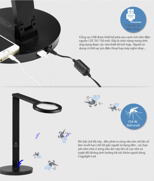 Đèn bàn học Cogy tích hợp đuổi muỗi và cổng sạc USB tiện dụng
